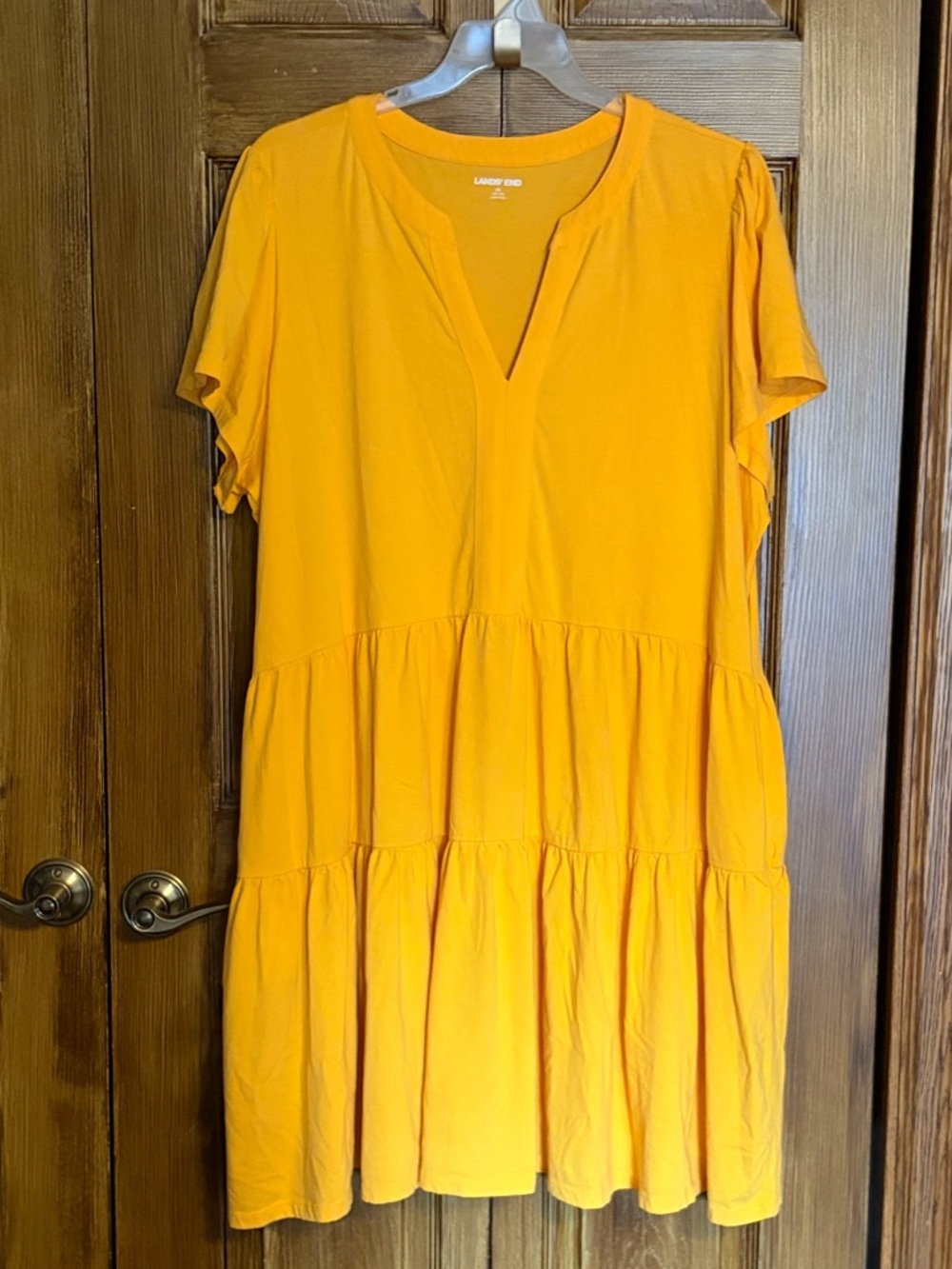 Lands' End Yellow Tiered V-Neck short  sleeve Mini Dress  100% Cotton